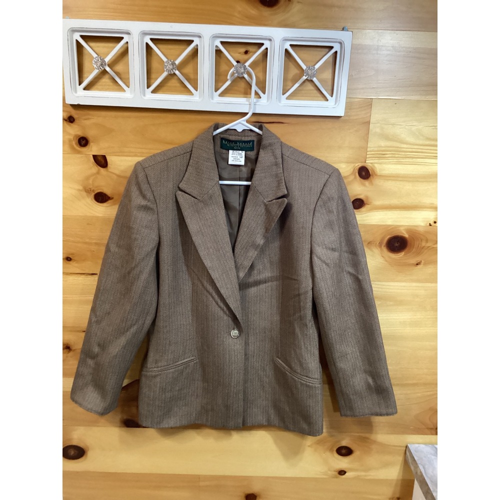 Harve Benard Petite Wool Herringbone Blazer Tan Brown Size 14P